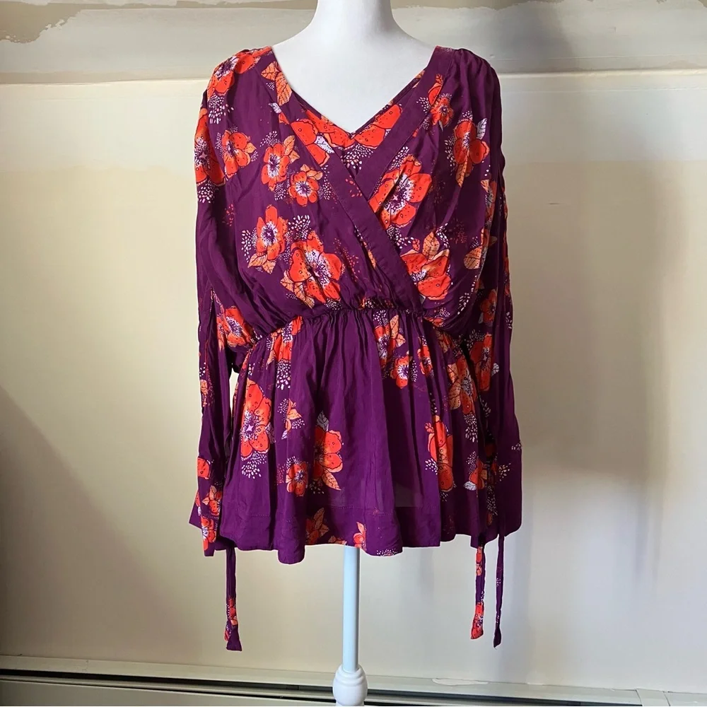 Free People Purple Tuscan Dreams Floral Printed Long Sleeve Tunic Blouse Small